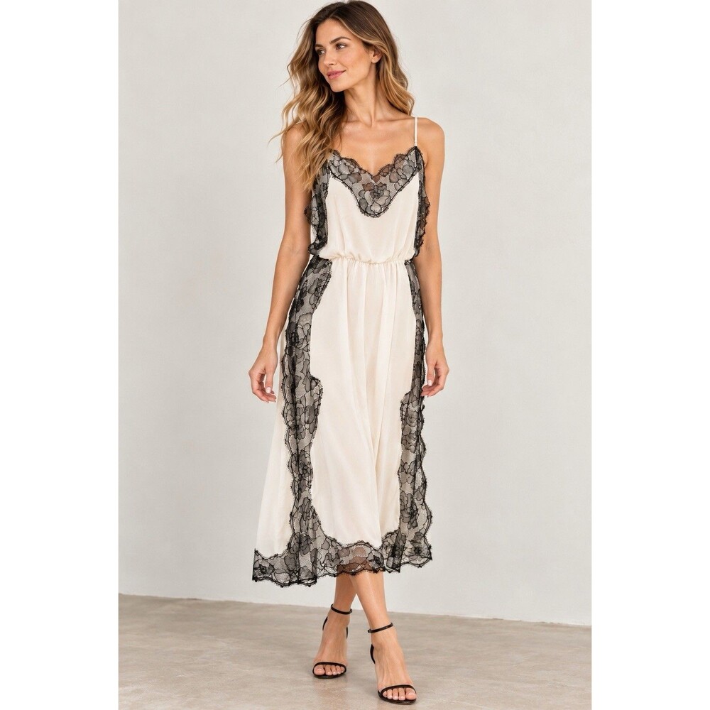 Fleur du Mal Silk Lace Midi Dress M Ivory Black $500 Lingerie Slip Cocktail